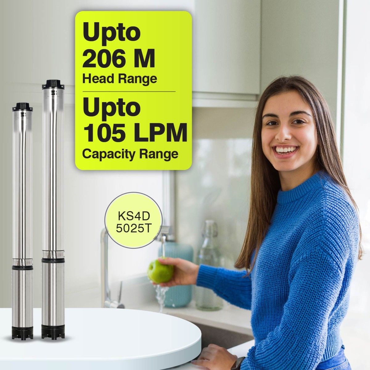 Borewell Submersible Pump, KS4D-5025T, 5 HP, Three Phase, 415 Volts, Size 38mm